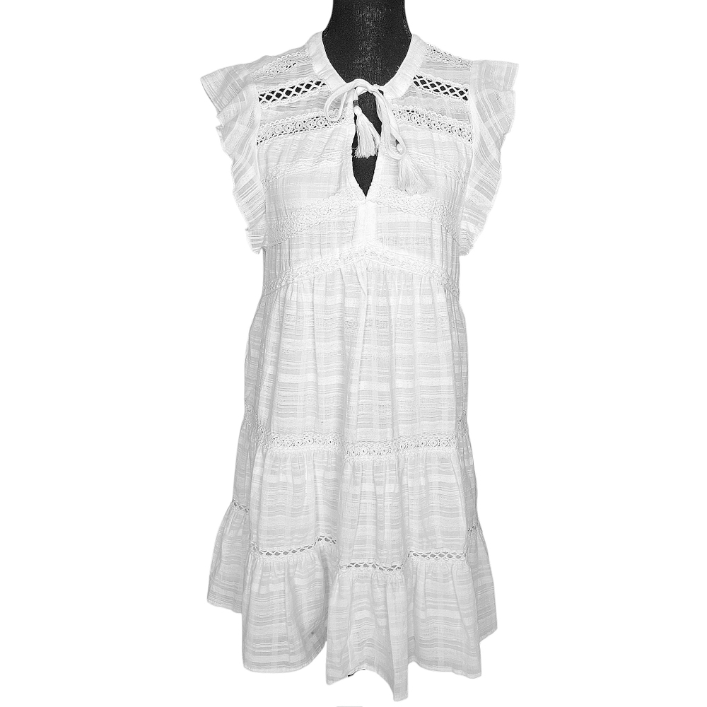 Knox Rose White Peasant Tiered Boho Shift Dress Flutter Sleeve Women's Size S